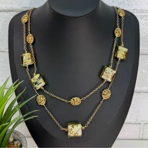 SOLD Vintage Multicolor Speckled Square Art Glass Filigree Beaded Necklace